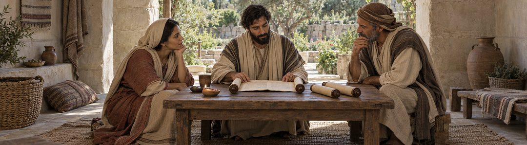 Drie mensen bespreken een open boekrol aan een tafel waarop ook opgerolde manuscripten liggen.