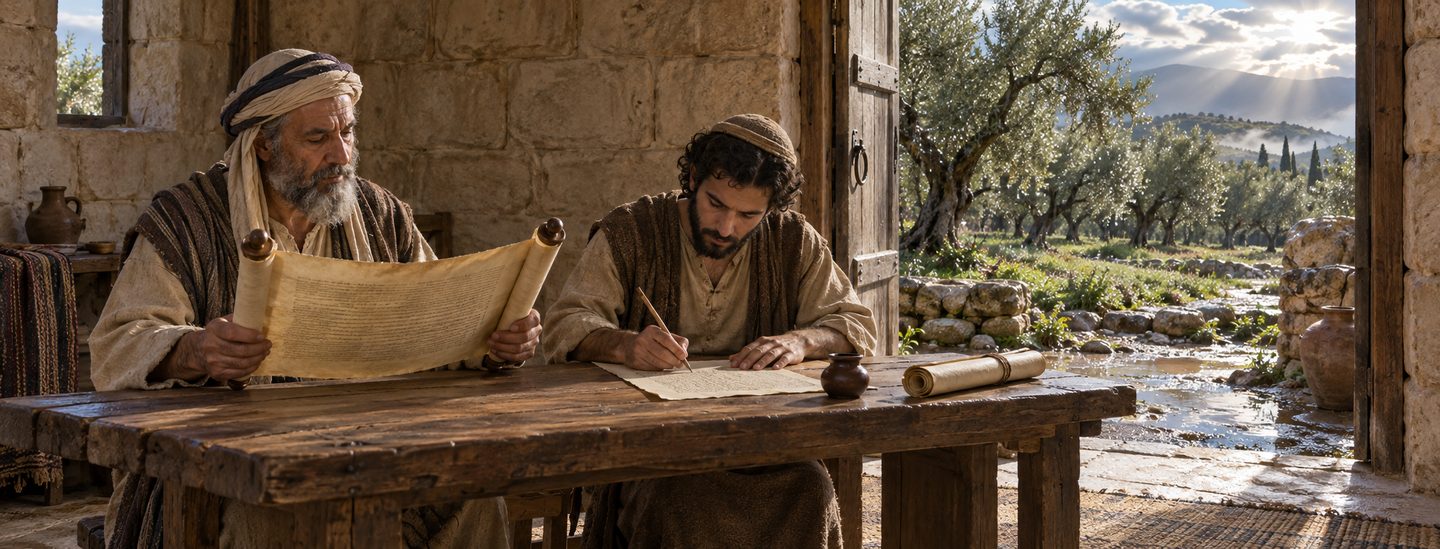 Een oudere man leest uit een boekrol terwijl een jongere schrijver de tekst aan tafel vastlegt.