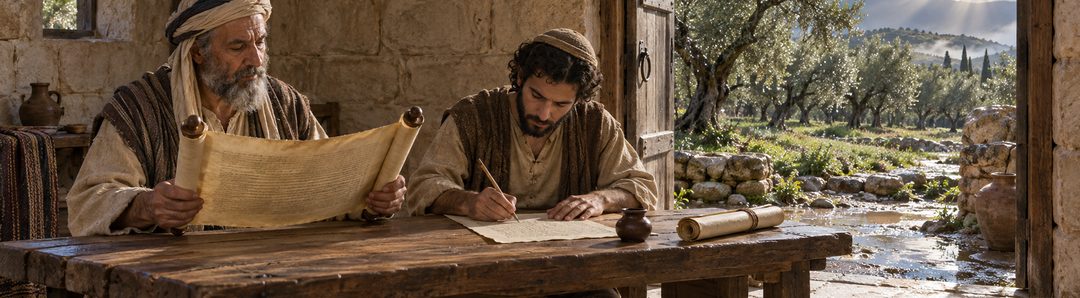 Een oudere man leest uit een boekrol terwijl een jongere schrijver de tekst aan tafel vastlegt.