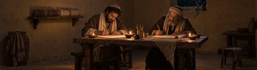 Twee schrijvers werken bij het licht van olielampen aan manuscripten in een donkere kamer.