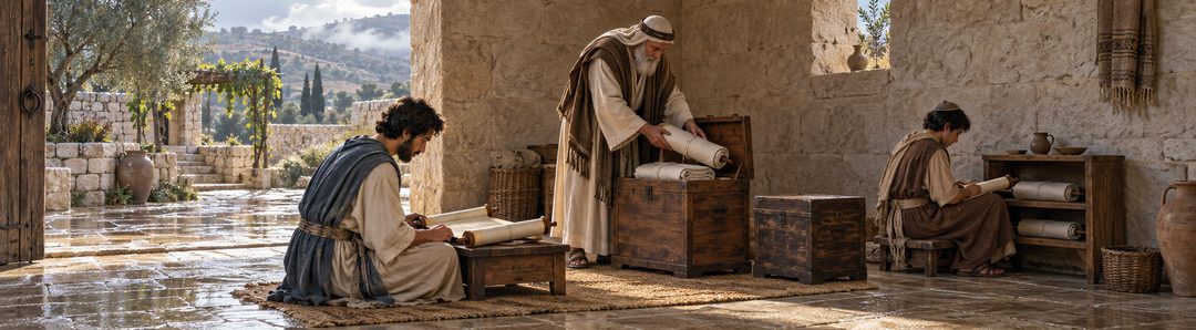 Een oudere man bergt boekrollen op in een houten kist, terwijl twee anderen manuscripten raadplegen.