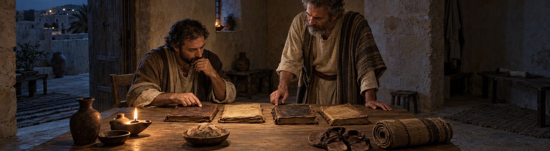 Twee mannen vergelijken manuscripten bij een olielamp; op tafel liggen ook brood en opgerolde teksten.