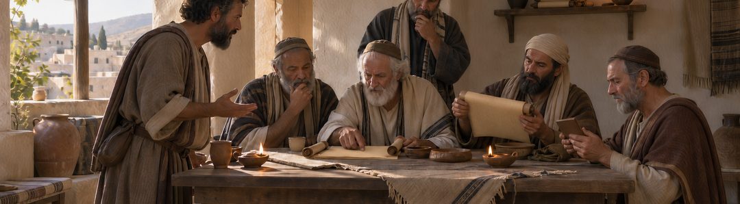 Een groep mannen bespreekt en vergelijkt manuscripten rond een tafel; één van hen houdt een boekrol omhoog.
