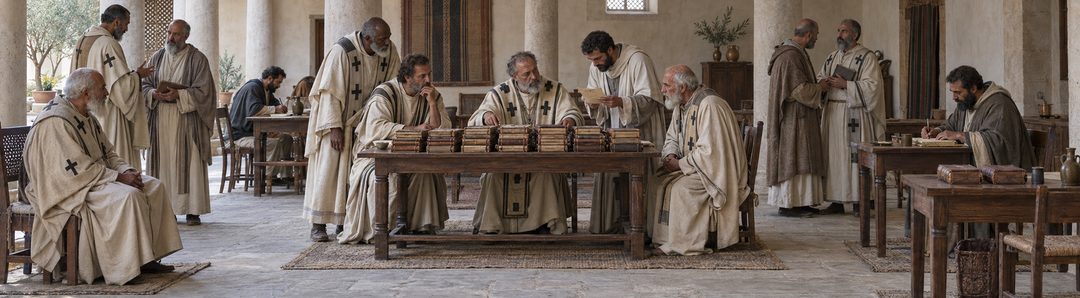Een bijeenkomst van geestelijken en schrijvers in een grote zaal, met boeken en manuscripten op meerdere tafels.