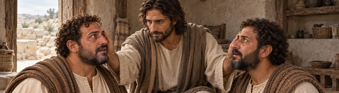 Illustratie bij: Jezus opent hun ogen en waarschuwt hen streng.