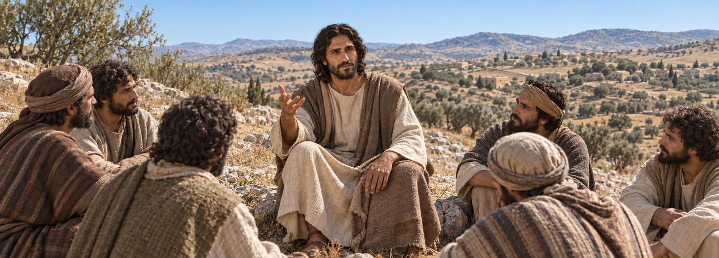 Illustratie bij: Jezus leert Zijn discipelen bidden om verlossing uit de beproeving.