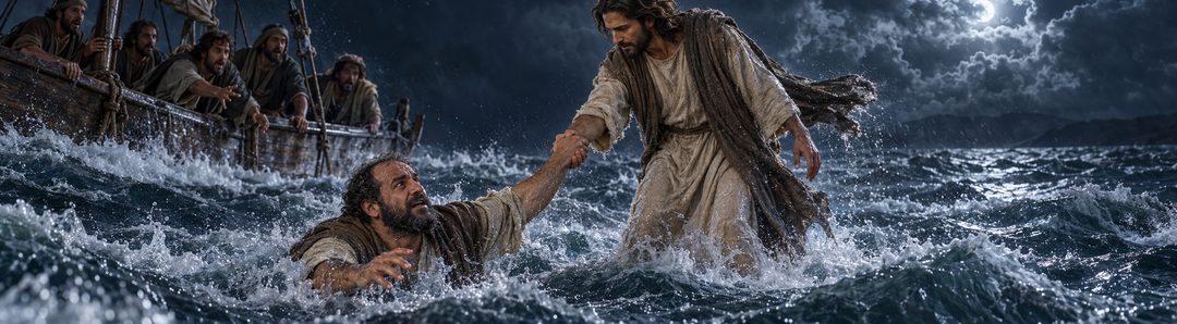 Illustratie bij: Jezus grijpt de zinkende Petrus onmiddellijk vast.