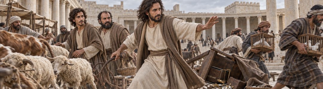 Illustratie bij: Jezus verdrijft vee en handelaars.