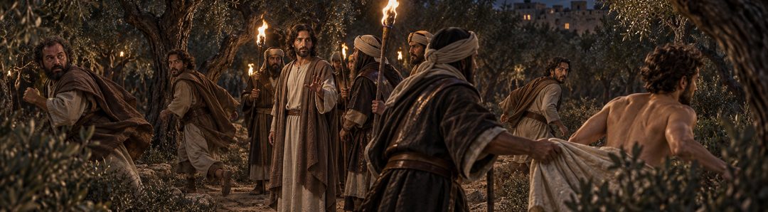 Illustratie bij: De discipelen en de jongeman vluchten.