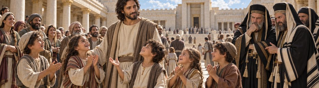 Illustratie bij: Kinderlof brengt de vijandige tegenstand in de tempel tot zwijgen.
