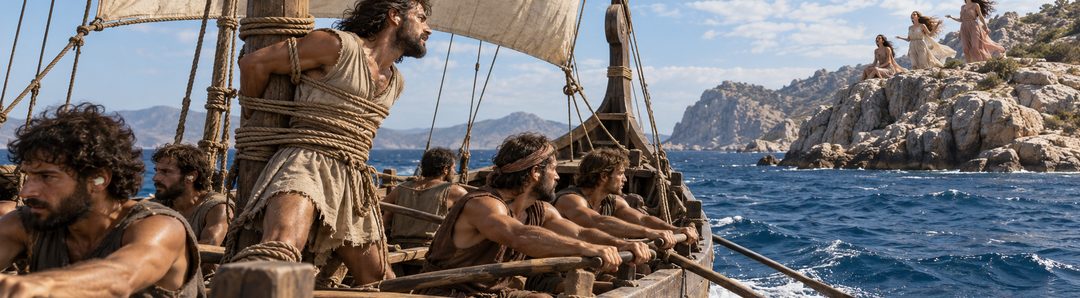 Illustratie bij: Odysseus wordt langs het eiland van de sirenen geroeid.