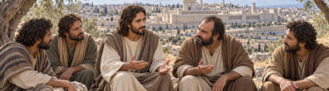 Illustratie bij: Jezus onderwijst vier discipelen op de Olijfberg.
