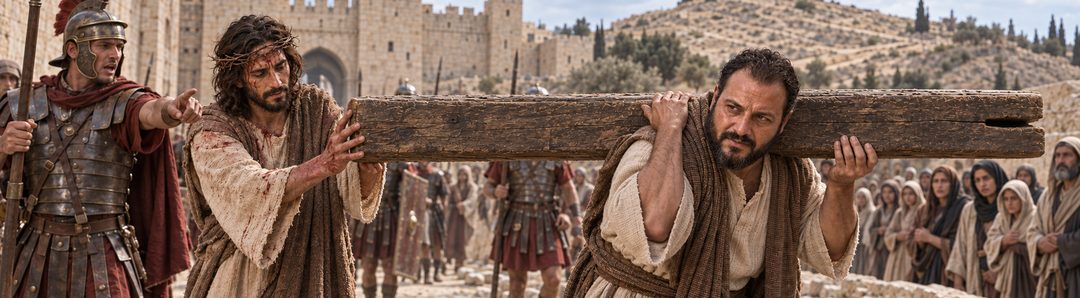 Illustratie bij: Simon neemt het kruis van Jezus over.