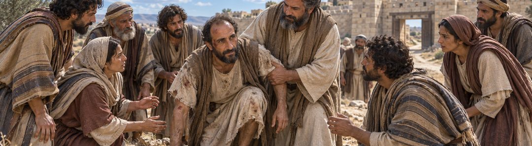 Illustratie bij: Paulus staat op te midden van de discipelen.