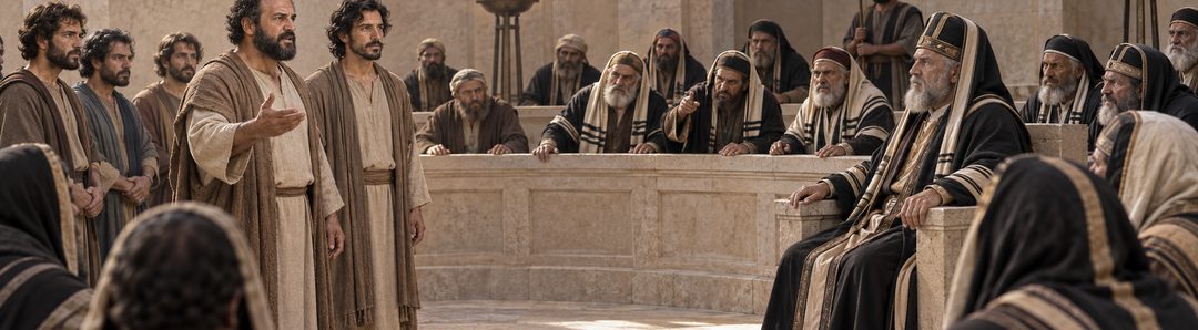 Illustratie bij: Petrus gehoorzaamt God voor het Sanhedrin.