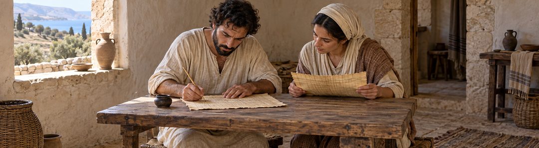 Illustratie bij: Een kopiist schrijft een evangelietekst over.