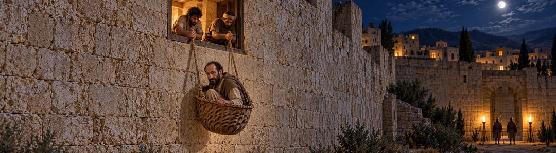 Illustratie bij: Paulus ontsnapt aan de bewaking van Damascus.