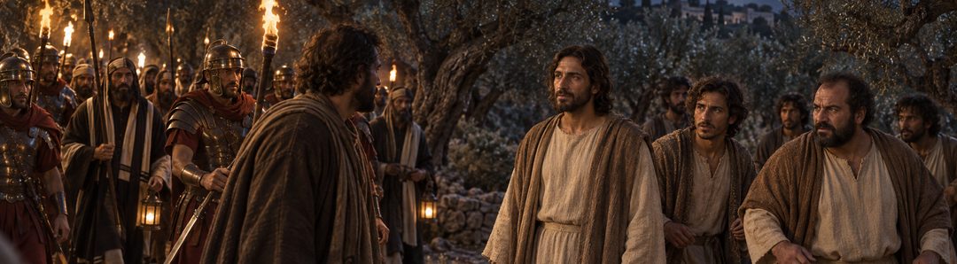 Illustratie bij: Judas leidt Romeinse soldaten en tempelwachters naar de hof.