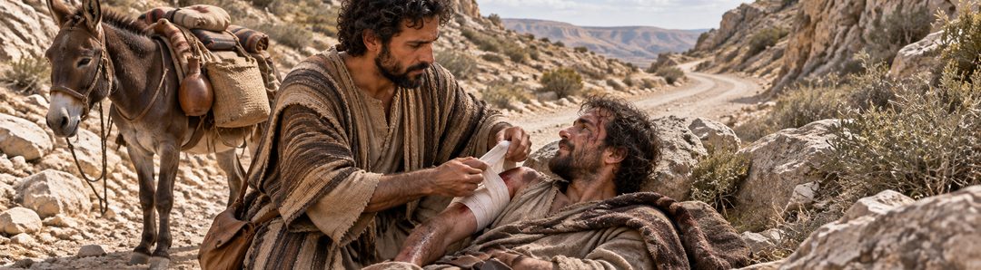 Illustratie bij: De barmhartige Samaritaan beschermt en verzorgt een slachtoffer.