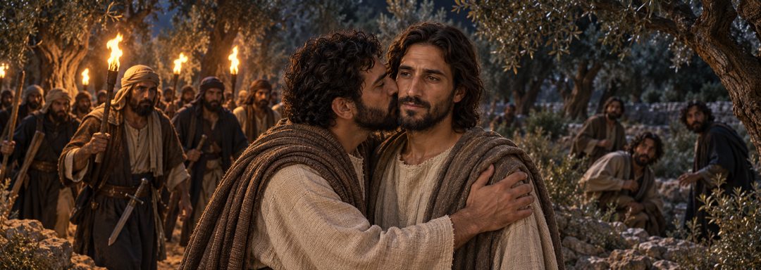 Illustratie bij: Judas verraadt Jezus met een kus.