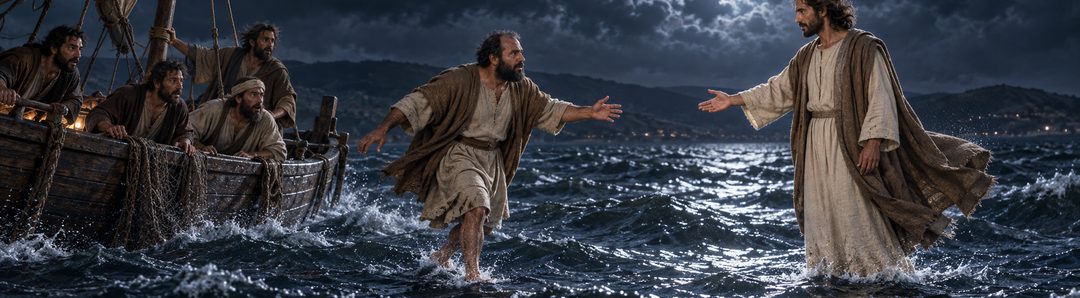Illustratie bij: Petrus komt op Jezus' bevel over het water naar Hem toe.