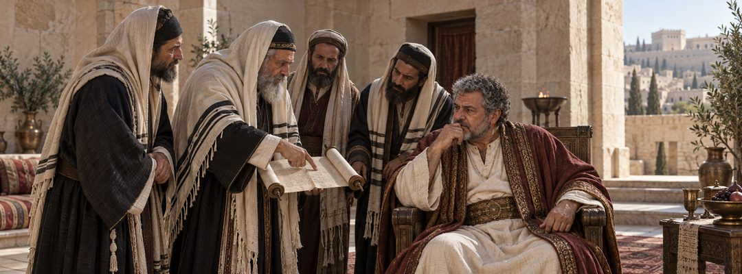 Illustratie bij: Herodes raadpleegt de overpriesters en schriftgeleerden over Bethlehem.