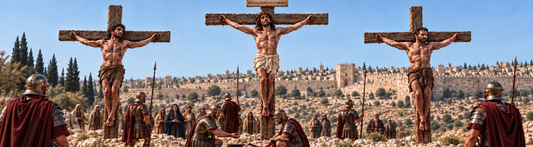Illustratie bij: Jezus wordt op Golgotha tussen twee misdadigers gekruisigd.