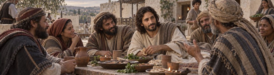 Illustratie bij: Jezus geniet met anderen van Gods goede gaven.