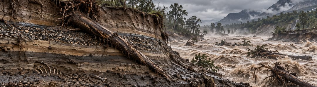 Illustratie bij: Aardlagen en fossielen door een catastrofe.