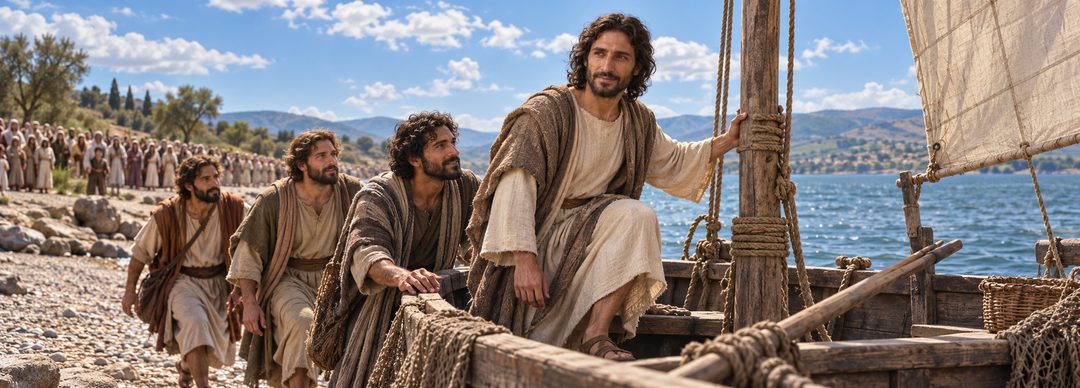Illustratie bij: Jezus gaat met Zijn discipelen aan boord.