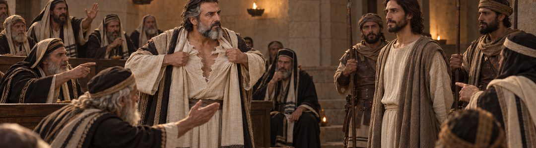Illustratie bij: Kajafas scheurt zijn kleren en de Raad veroordeelt Jezus.