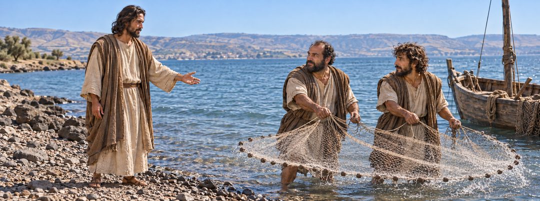 Illustratie bij: Jezus roept Petrus en Andreas aan het Meer van Galilea.