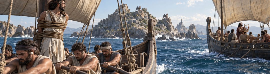 Illustratie bij: Odysseus en Orpheus weerstaan het gezang van de sirenen.