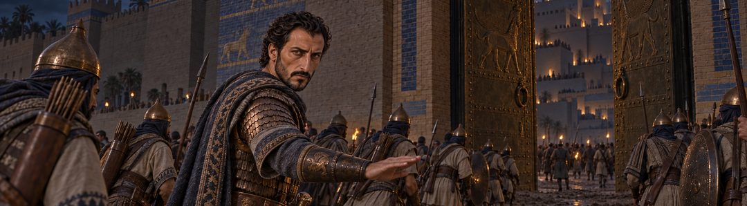 Illustratie bij: Kores trekt door de drooggelegde Eufraat Babylon binnen.