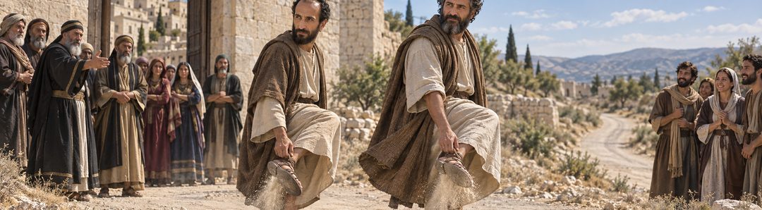 Illustratie bij: Paulus en Barnabas schudden het stof af en vertrekken.