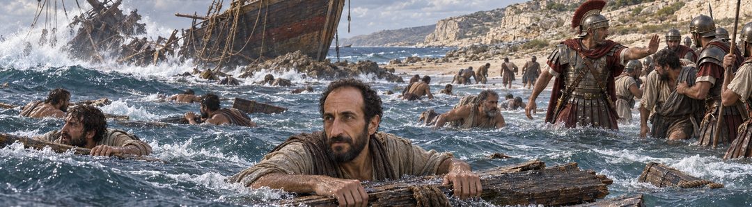 Illustratie bij: Het schip breekt uiteen maar iedereen bereikt veilig de kust.