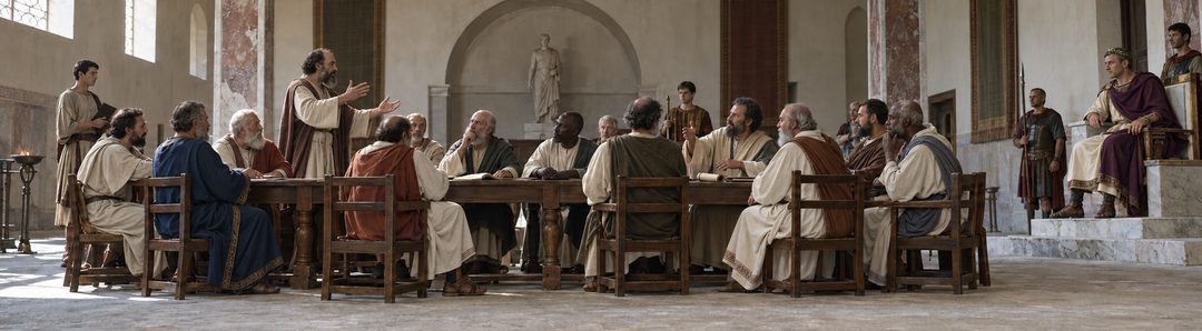 Illustratie bij: Bisschoppen overwegen het mysterie op het concilie van Nicea.