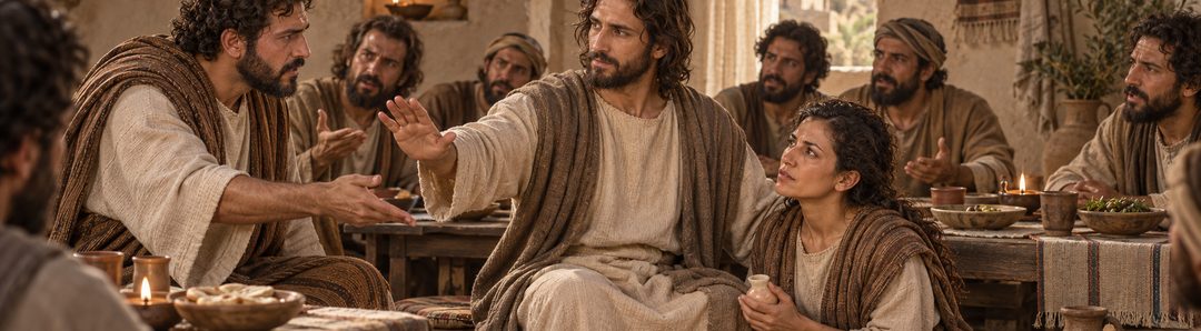 Illustratie bij: Judas bekritiseert Maria en wordt door Jezus terechtgewezen.