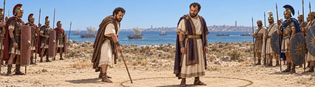 Illustratie bij: Popillius dwingt Antiochus tot terugtocht.