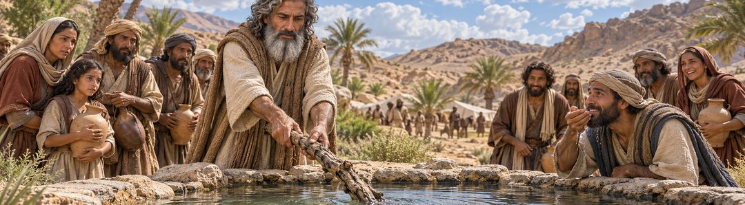 Illustratie bij: Mozes werpt het aangewezen hout in Mara en het water wordt drinkbaar.