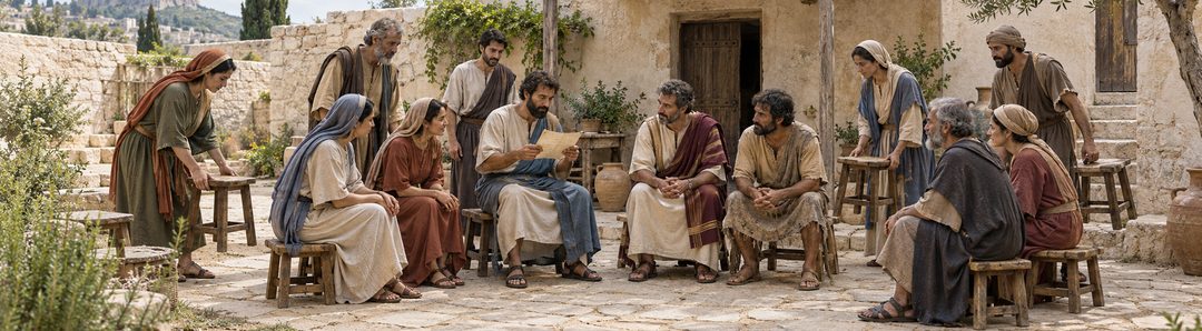 Illustratie bij: De gemeente verzamelt zich rond het gedeelde Evangelie.