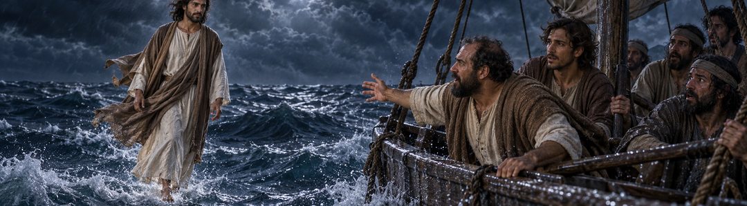 Illustratie bij: Jezus nadert de boot lopend over het onstuimige water.