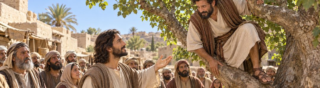 Illustratie bij: Jezus ontvangt Zacheüs, een verachte tollenaar.