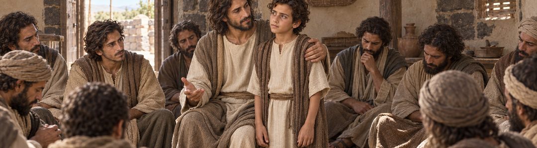 Illustratie bij: Jezus omarmt een kind en leert ware grootheid.