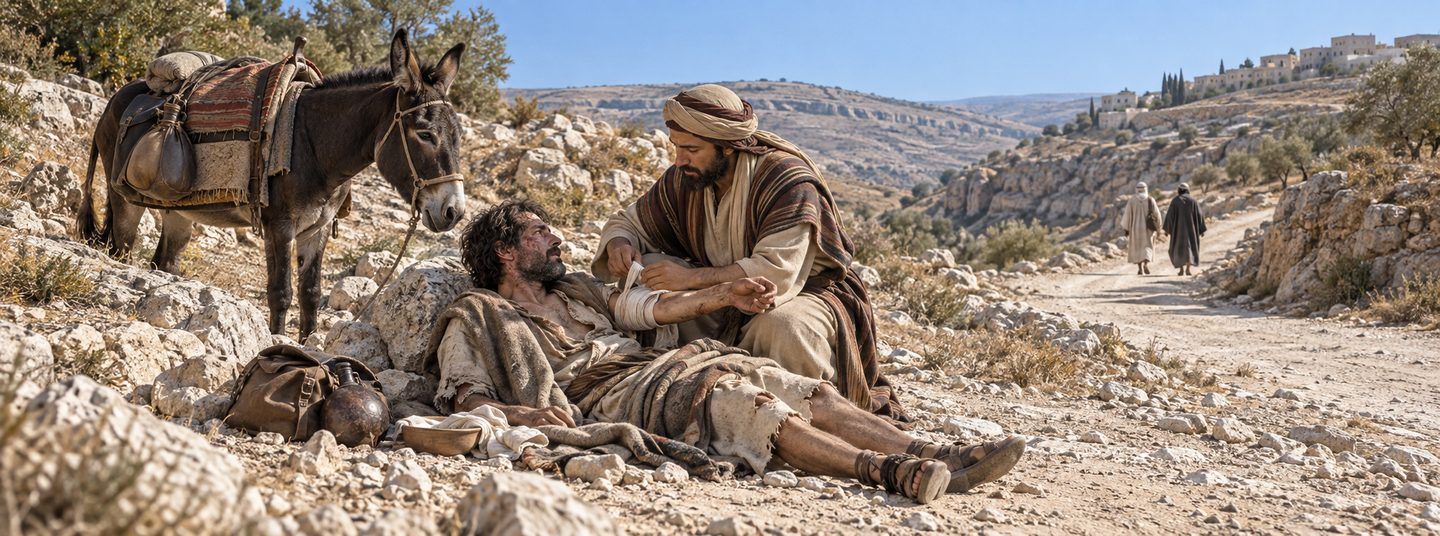 Illustratie bij: De Samaritaan helpt een gewonde Joodse reiziger.
