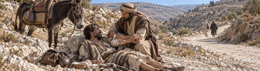 Illustratie bij: De Samaritaan helpt een gewonde Joodse reiziger.