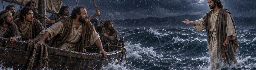 Illustratie bij: Petrus vraagt Jezus hem over het water te roepen.