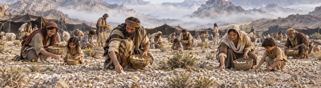 Illustratie bij: Israëlieten verzamelen dagelijks manna in de woestijn.