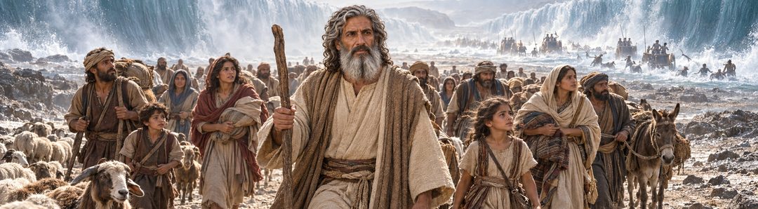 Illustratie bij: Israël trekt op droge grond door de zee naar Gods toekomstige heilige woonplaats.