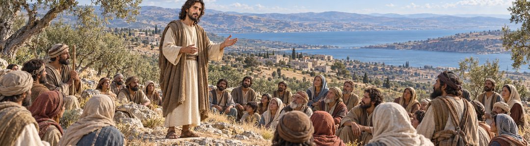 Illustratie bij: Jezus predikt het Evangelie van het Koninkrijk buiten.